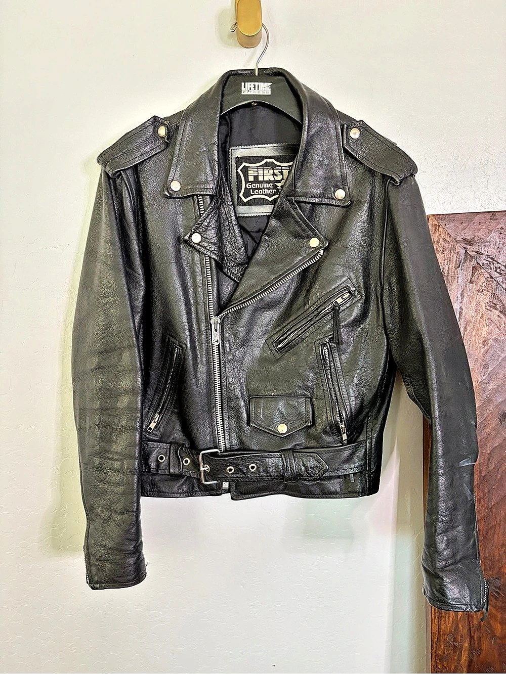 FIRST Genuine Leather Moto Jacket Black Small fits a medium